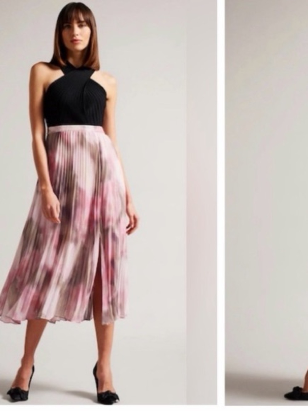 Ted Baker Black Bodice with Pink Floral Pleated Maxi Skirt